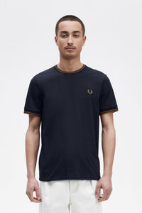 Fred Perry Navy Ringer T-Shirt With Dark Carmel Twin Tipping