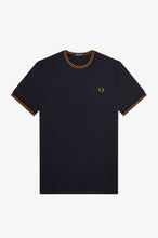 Load image into Gallery viewer, Fred Perry Navy Ringer T-Shirt With Dark Carmel Twin Tipping
