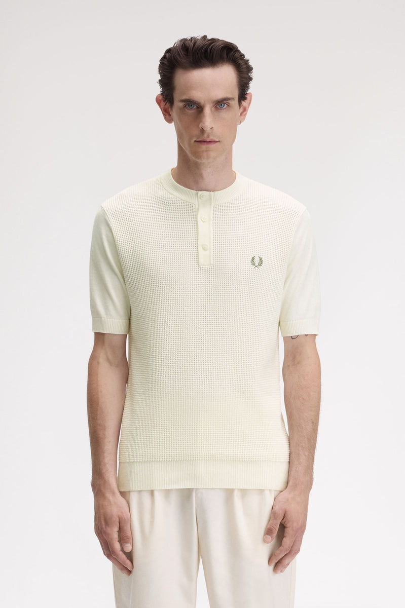 FRED PERRY☆ Waffle Stitch Henley Neck T-Shirt LIGHT ECRU Fred Perry Ecru Waffle Stitch Henley Shirt – Rebirth of Cool