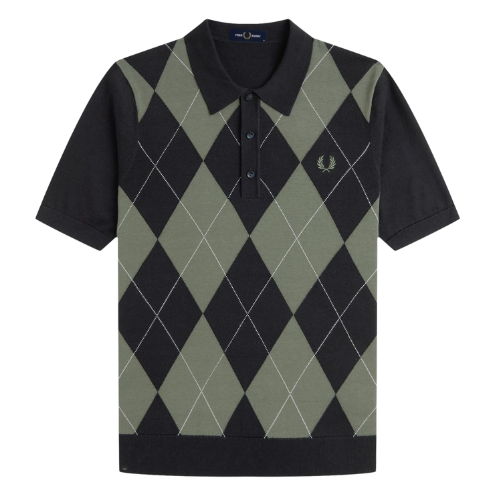 Fred Perry Black an Green Argyll Knitted Polo