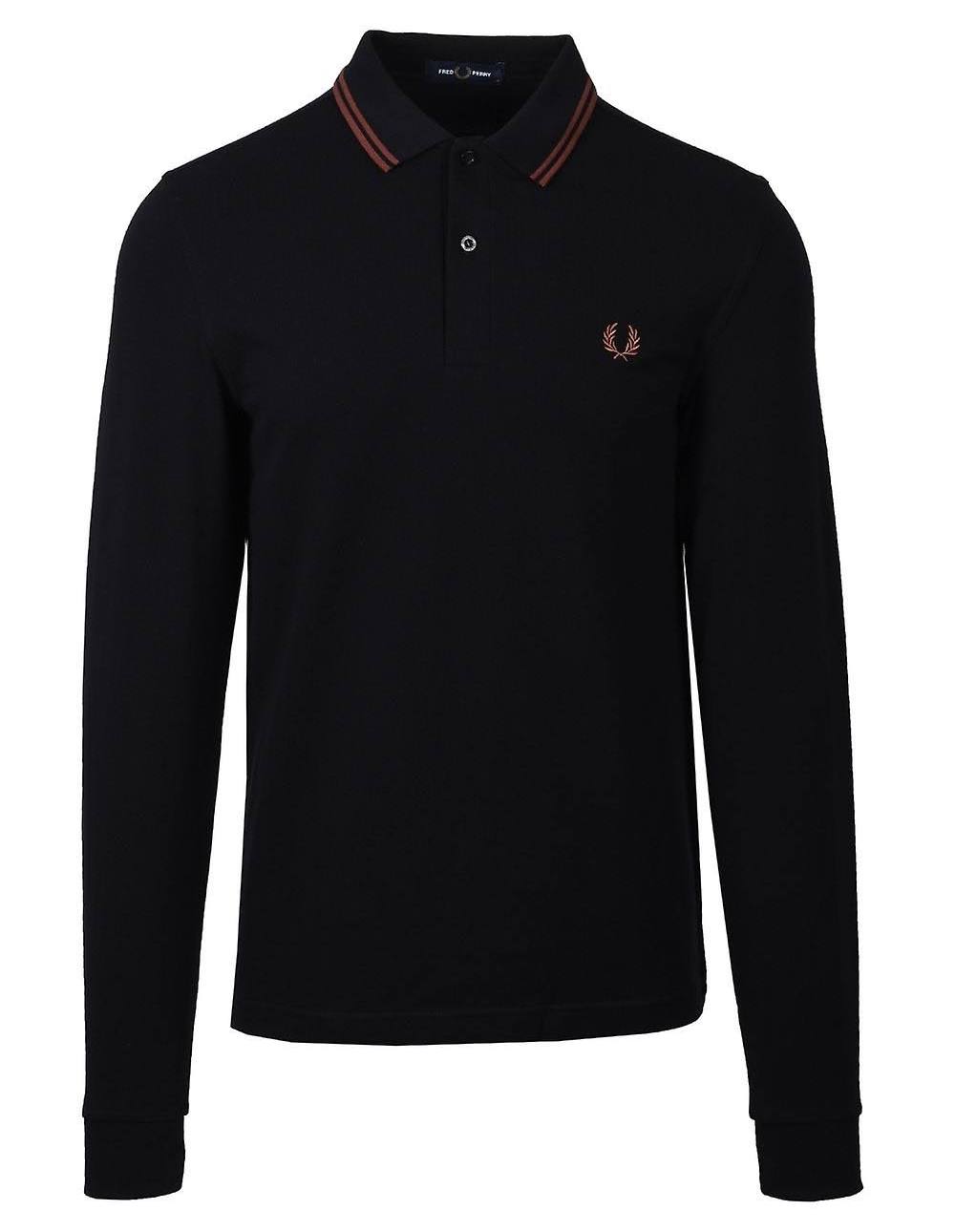 Fred Perry Black Long Sleeve Whiskey Brown Twin Tipped Polo