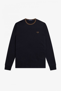 Fred Perry Navy Long sleeve Tshirt with Dark Caramel Twin Tipping