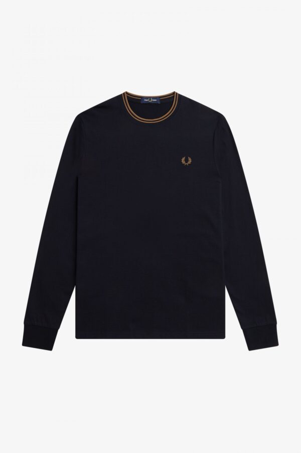 Fred Perry Navy Long sleeve Tshirt with Dark Caramel Twin Tipping