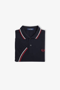 Fred Perry Navy Polo With Snow White and Burnt Red Twin Tipping