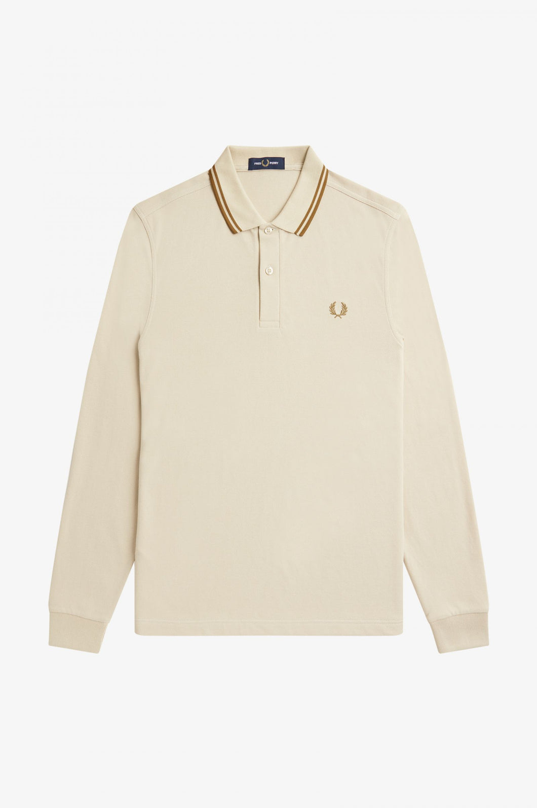 Fred Perry Oatmeal Long Sleeve Polo with Dark Caramel Twin Tipping