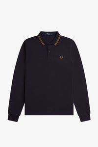 Fred Perry Navy Blue Long Sleeve Polo with Dark Caramel Twin Tipping