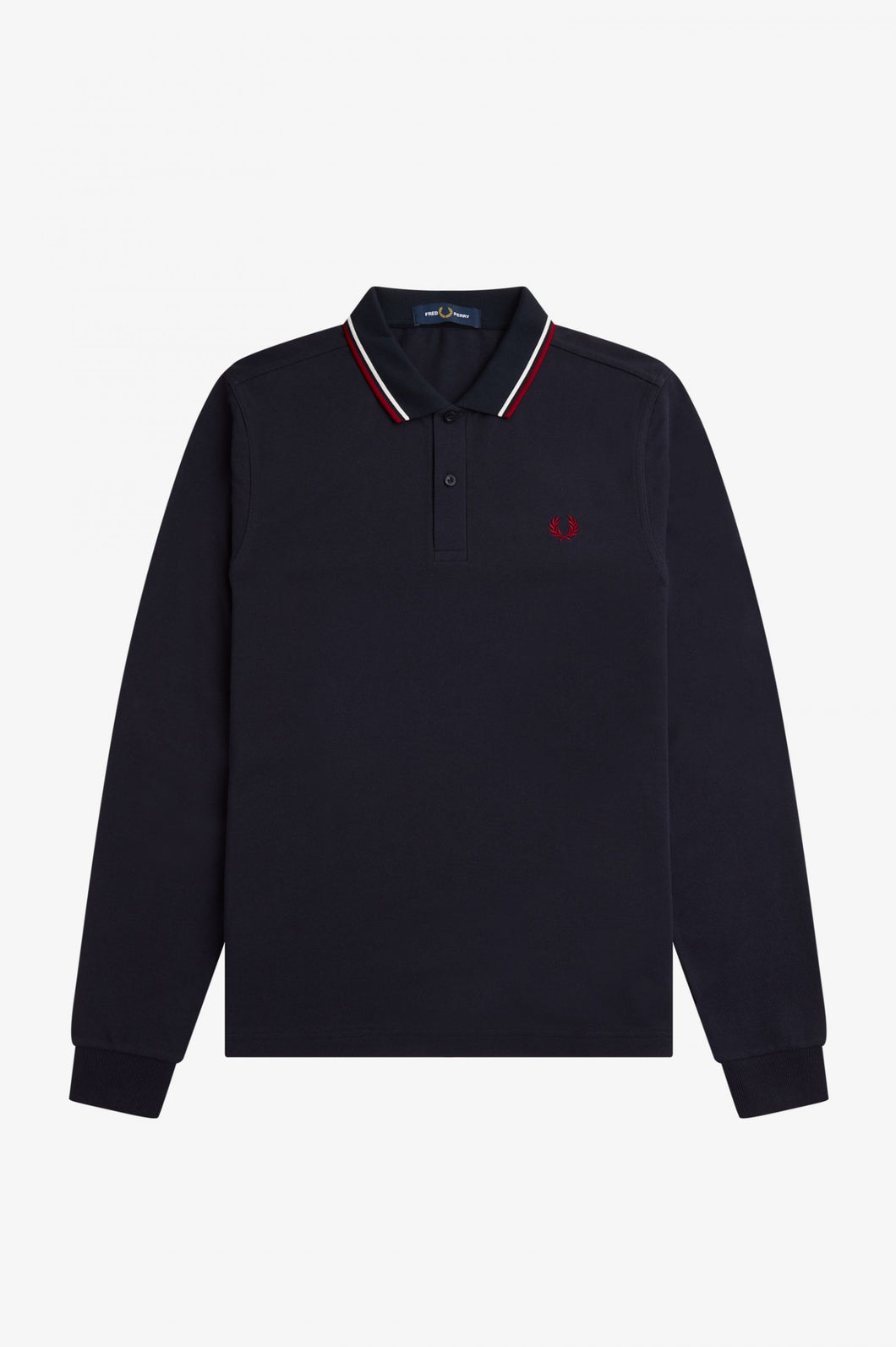 Fred Perry Navy Blue Long Sleeve Polo with White and Red Twin Tipping