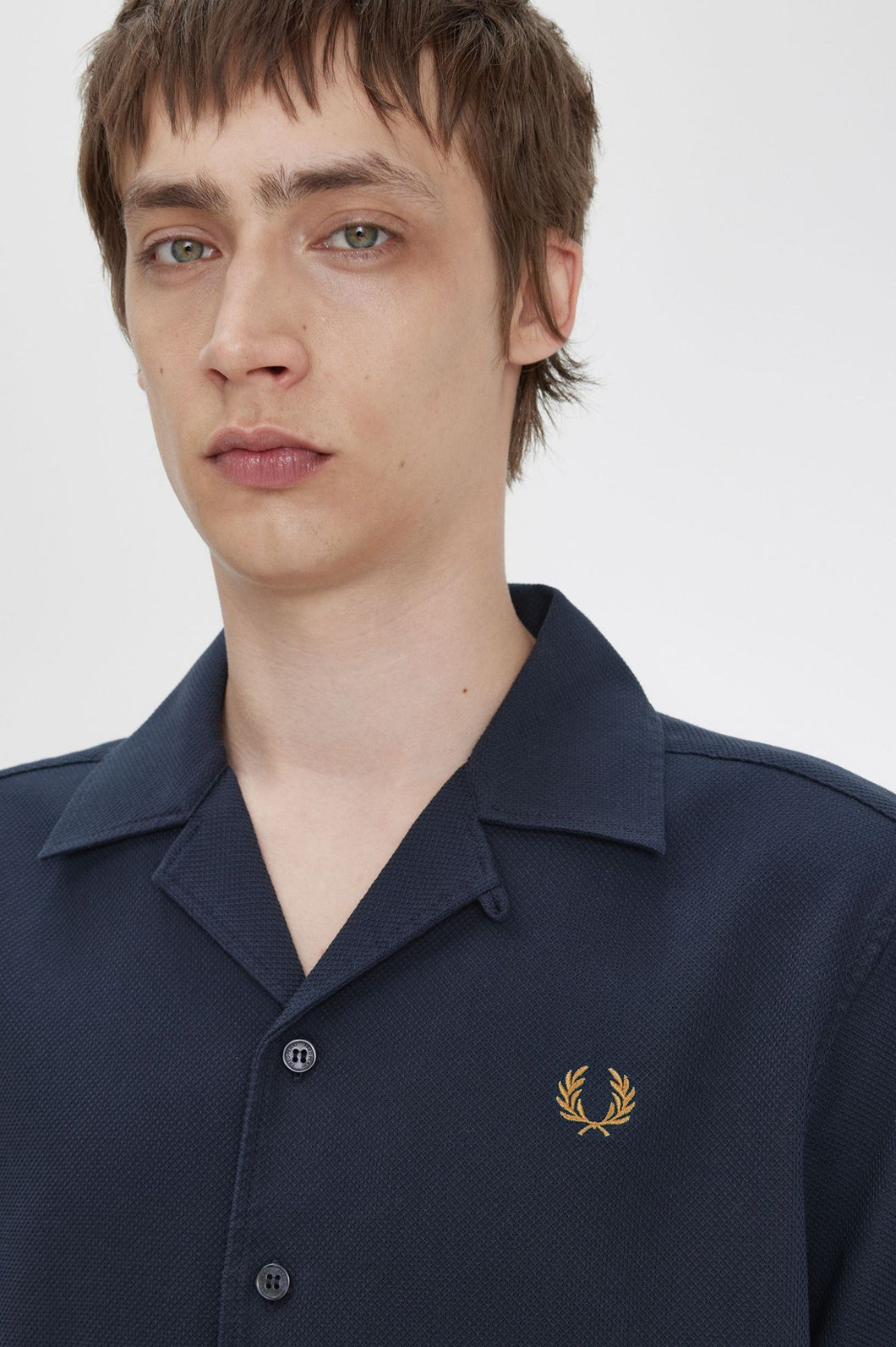 Fred Perry Navy Pique Textured Revere Collar Shirt