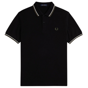 Fred Perry Black Polo with White and Wren Green Twin Tipping