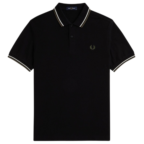 Fred Perry Black Polo with White and Wren Green Twin Tipping
