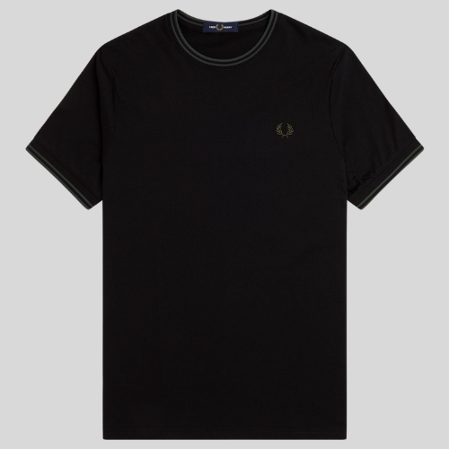 Fred Perry Black Ringer Tee with Twin Green Tipping