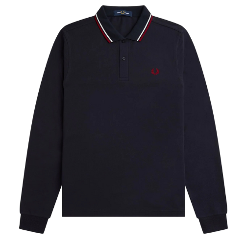 Fred Perry Navy Blue Long Sleeve Polo with White and Red Twin Tipping