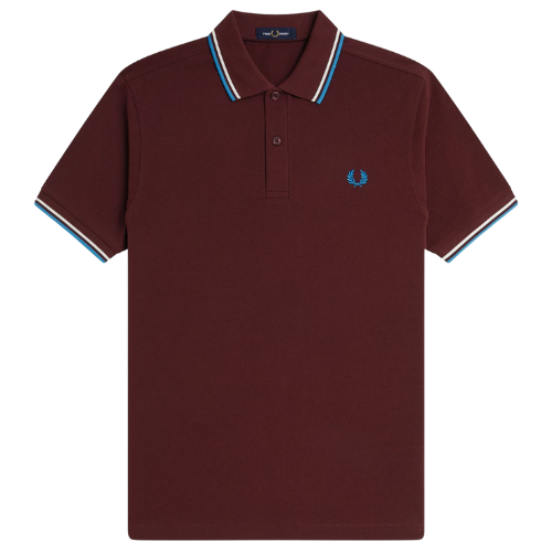 Fred Perry Oxblood Polo with White and Sky Blue Twin Tipping