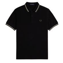 Load image into Gallery viewer, Fred Perry Black Polo with White and Laurel Green Tipping
