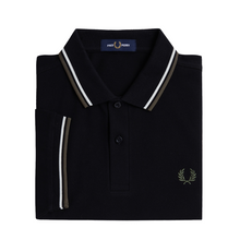 Load image into Gallery viewer, Fred Perry Black Polo with White and Laurel Green Tipping
