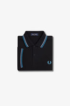 Load image into Gallery viewer, Fred Perry Black Polo With Light Smoke and Ocean Blue Twin Tipping

