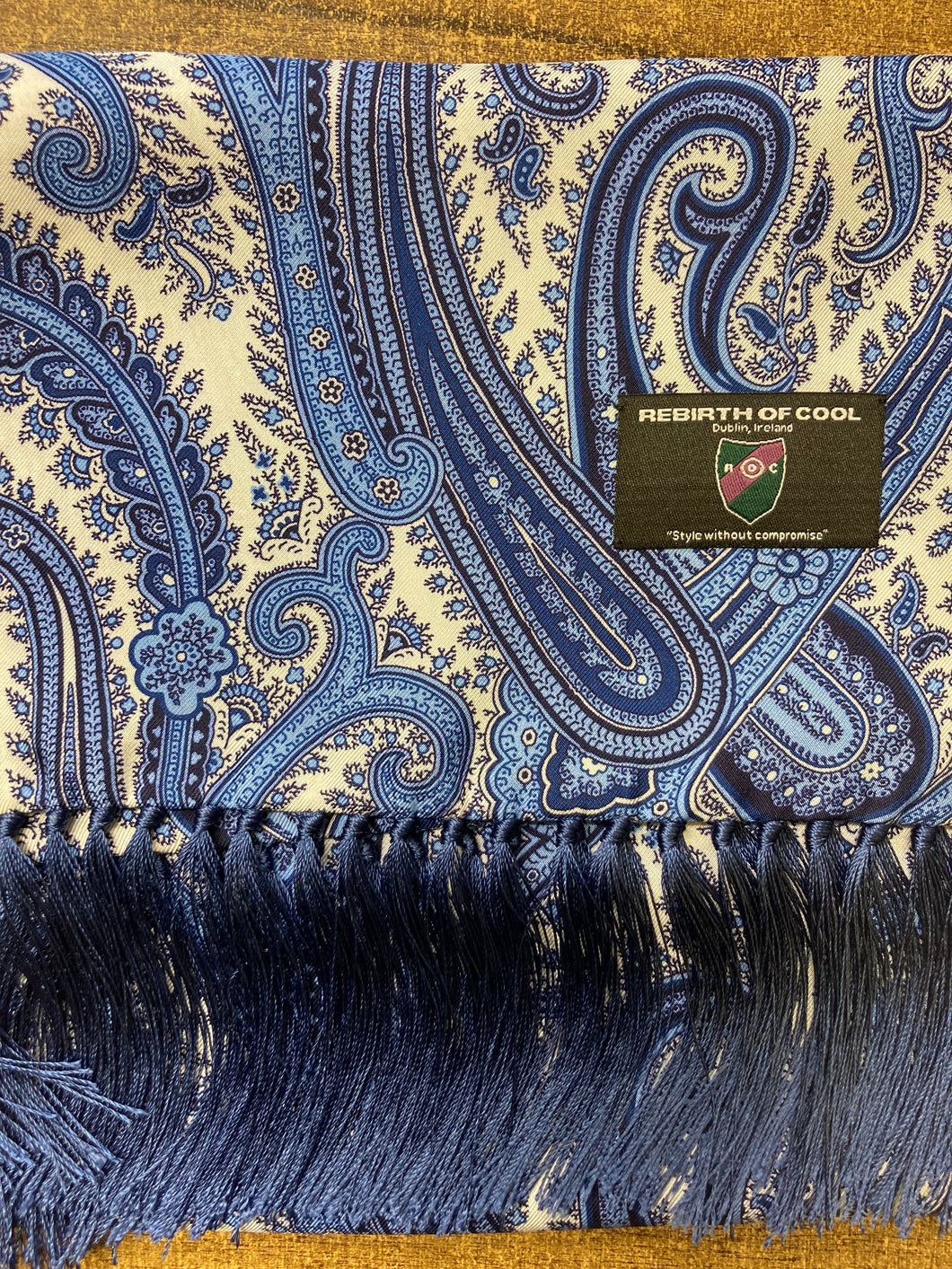 Rebirth of Cool 100% Silk Paisley scarf - White and Royal Blue