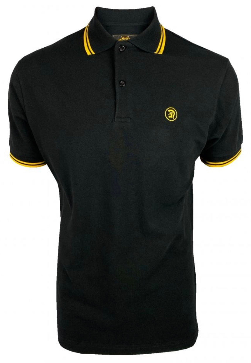 Trojan Black Polo with a classic double yellow tip on the collar and sleeve.
