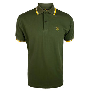 Trojan Green Polo with a yellow and white tip on the collar and sleeve.