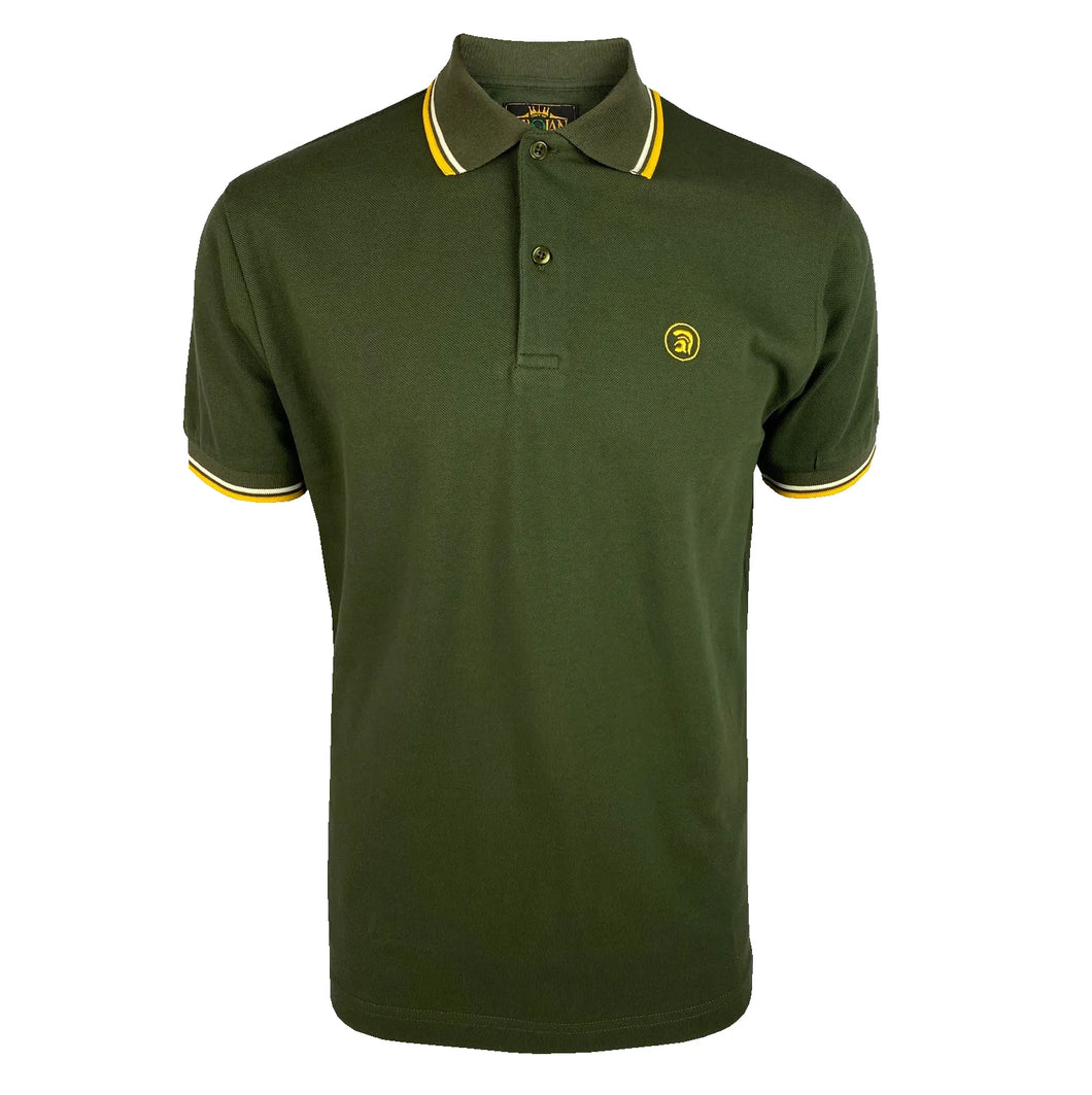 Trojan Green Polo with a yellow and white tip on the collar and sleeve.