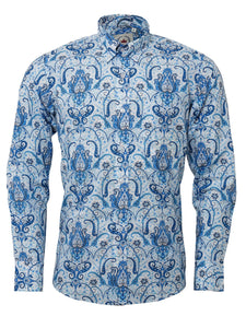 Relco long sleeve White and Blue Paisley shirt